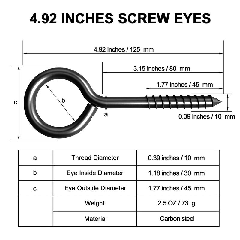 ZAUGONTW 5 Inch Eye Hooks  Eye Bolts Screw in Hooks Stainless Steel  4 Pcs Heavy Duty Black Large Screw Eye Hooks for Hanging  Tie-Downs  Heavy-Duty Applications - Image 3